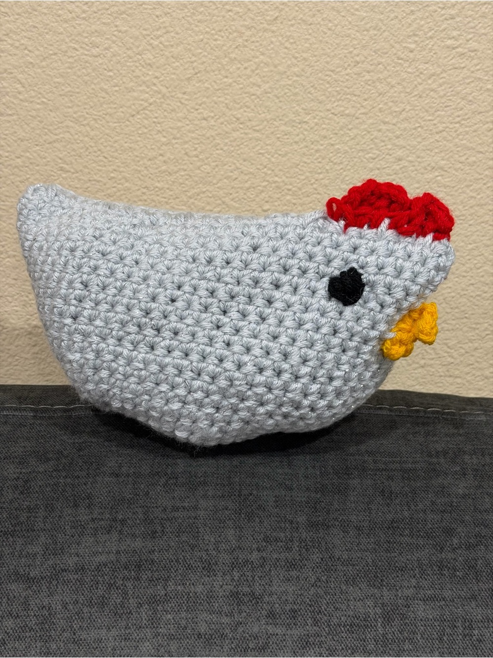 Handmade Gray Chicken Plush Bird Toy with Red Comb and Yellow Beak